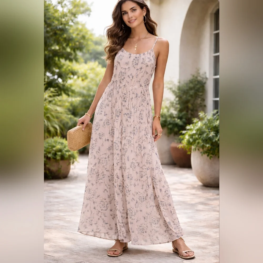 Elena Baldi Silk Blend Maxi Dress S Blush Floral Made in Italy - Picture 1 of 5